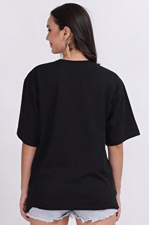 Unisex Siyah Oversize Baskılı Tişört - Şık ve Rahat