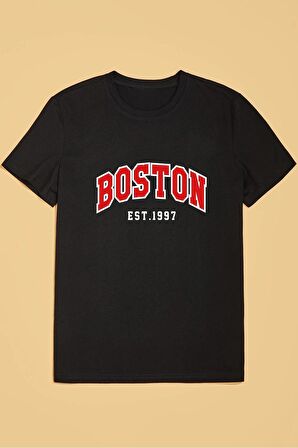 Boston Siyah Oversize Baskılı T-Shirt - Unisex