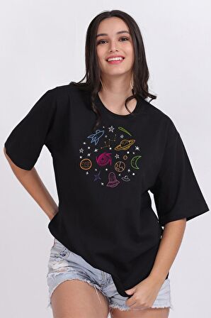 Space Unisex Siyah Oversize Baskılı Tişört - Şık ve Rahat