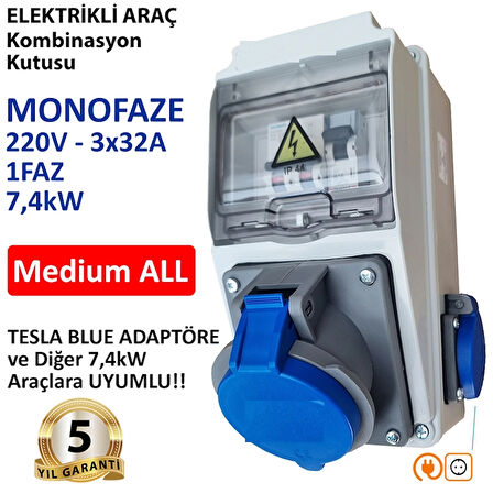 Elektrikli Araç Kombinasyon Kutusu, Tesla Blue Adaptöre Uyumlu, ’’Medium ALL’’ 3x32A + 1x16A