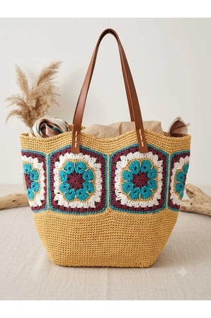 El Örgüsü Motifli Kağıt İp Kadın Omuz Çantası – Deri Askılı, Boho / Bohemian Tasarım Plaj ve Günlük Çanta