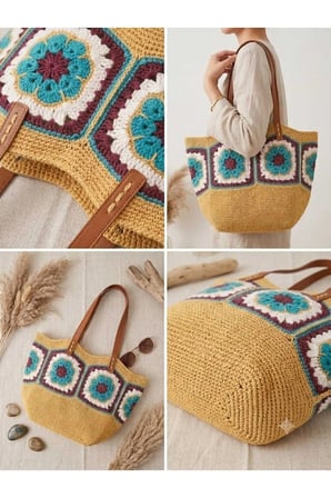 El Örgüsü Motifli Kağıt İp Kadın Omuz Çantası – Deri Askılı, Boho / Bohemian Tasarım Plaj ve Günlük Çanta