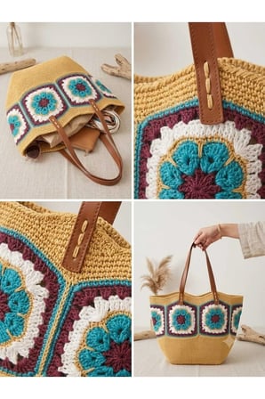 El Örgüsü Motifli Kağıt İp Kadın Omuz Çantası – Deri Askılı, Boho / Bohemian Tasarım Plaj ve Günlük Çanta