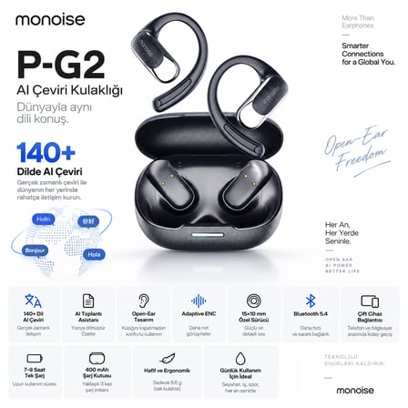 MONOISE P-G2 AI Çeviri Kulaklığı 140+ Dil Bluetooth 5.4 ENC Open Ear Kablosuz Kulaklık