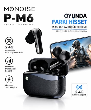MONOISE P-M6 ANC ENC Bluetooth 5.4 Kablosuz Kulaklık 2.4G Düşük Gecikme 4 Mikrofon 13mm TWS