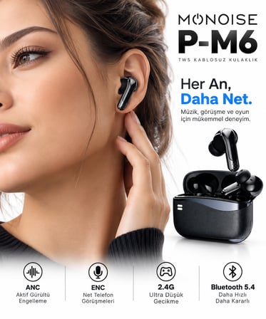MONOISE P-M6 ANC ENC Bluetooth 5.4 Kablosuz Kulaklık 2.4G Düşük Gecikme 4 Mikrofon 13mm TWS