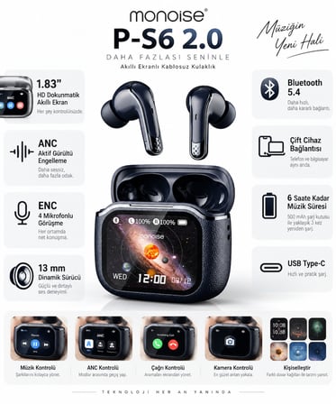 MONOISE P-S6 2.0 Akıllı Ekranlı Bluetooth Kulaklık
