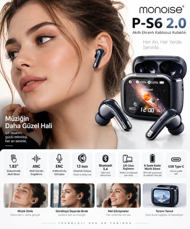MONOISE P-S6 2.0 Akıllı Ekranlı Bluetooth Kulaklık