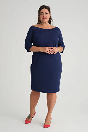 Kadın Lacivert Carmen Yaka Truvakar Kol Büyük Beden Esnek Krep Elbise