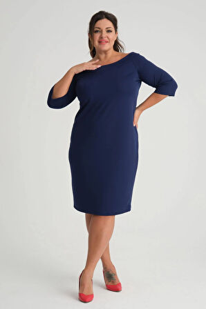 Kadın Lacivert Carmen Yaka Truvakar Kol Büyük Beden Esnek Krep Elbise