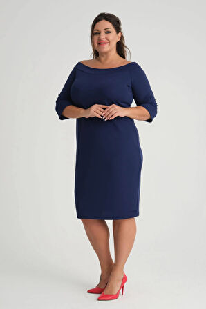 Kadın Lacivert Carmen Yaka Truvakar Kol Büyük Beden Esnek Krep Elbise