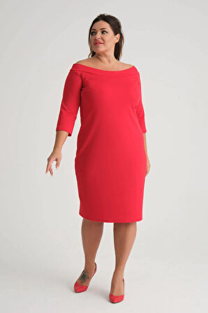 Kadın Kırmızı Carmen Yaka Truvakar Kol Büyük Beden Esnek Krep Elbise