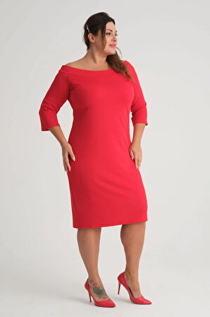 Kadın Kırmızı Carmen Yaka Truvakar Kol Büyük Beden Esnek Krep Elbise