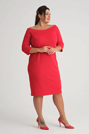 Kadın Kırmızı Carmen Yaka Truvakar Kol Büyük Beden Esnek Krep Elbise