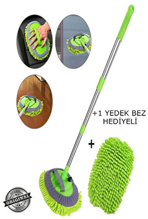 Çok Fonksiyonlu Teleskobik Saplı Mikrofiber Sihirli Araba Temizlik Mopu 1 yedek Mop Başlığı Hediye