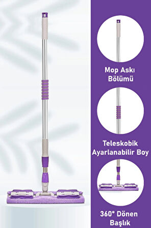 QASULYedek Mikrofiber Bezli Mandallı Mop, Sıkıştırmalı, Uzayabilir Teleskopik Saplı, 360 Derece Dönebilir Zemin ve Duvar Temizlik