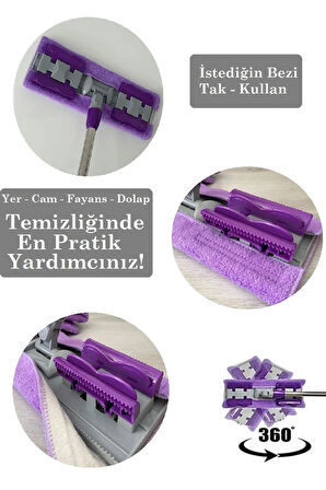 QASULYedek Mikrofiber Bezli Mandallı Mop, Sıkıştırmalı, Uzayabilir Teleskopik Saplı, 360 Derece Dönebilir Zemin ve Duvar Temizlik