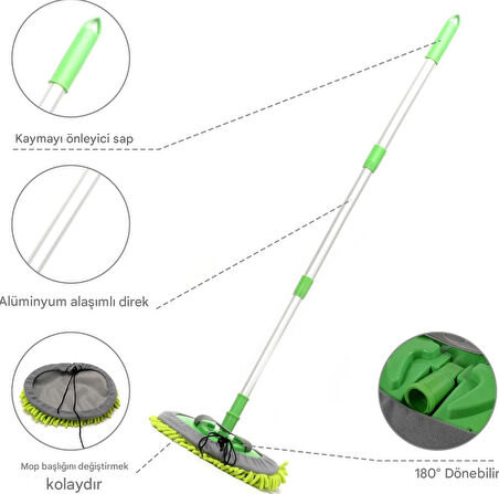 QASUL Mikrofiber Çok Fonksiyonlu Uzun Sopalı Oto Araba Araç Yıkama Temizleme Fırçası Yedek Mop Hediye