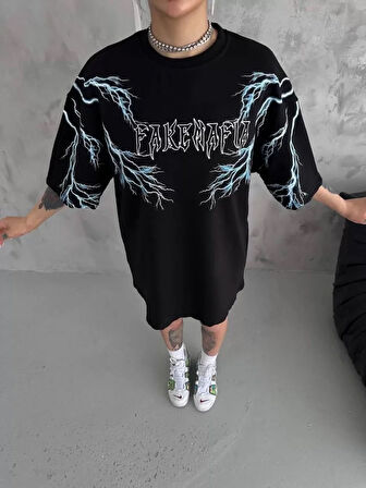 MOONFER Unisex Bisiklet Yaka Baskılı Oversize T-Shirt - Siyah