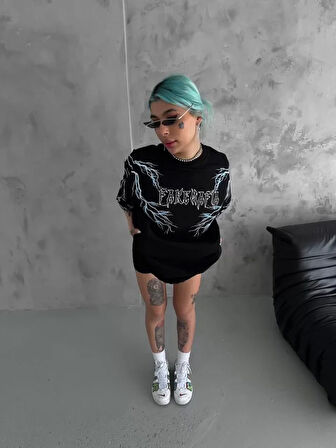 MOONFER Unisex Bisiklet Yaka Baskılı Oversize T-Shirt - Siyah