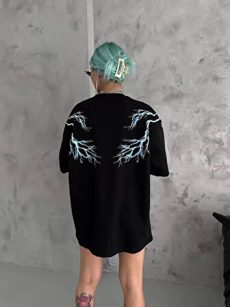 MOONFER Unisex Bisiklet Yaka Baskılı Oversize T-Shirt - Siyah