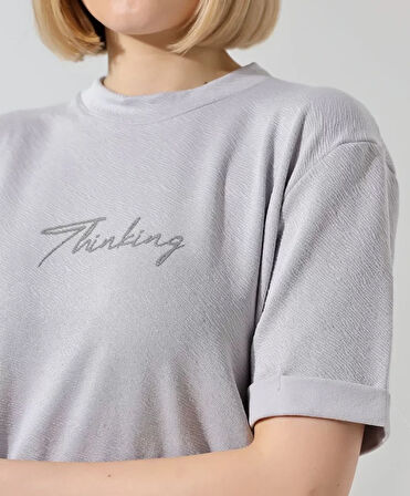 MOONFER Unisex Bisiklet Yaka Baskılı Slim Fit T-Shirt - Boyalı Gri