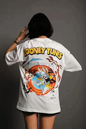 MOONFER Unisex Bisiklet Yaka Baskılı Oversize T-Shirt - Beyaz