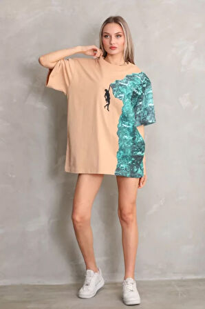 MOONFER Unisex Bisiklet Yaka Baskılı Oversize T-Shirt - Bej