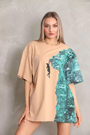 MOONFER Unisex Bisiklet Yaka Baskılı Oversize T-Shirt - Bej