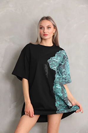 MOONFER Unisex Bisiklet Yaka Baskılı Oversize T-Shirt - Siyah