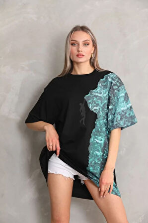 MOONFER Unisex Bisiklet Yaka Baskılı Oversize T-Shirt - Siyah