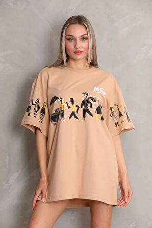 MOONFER Unisex Bisiklet Yaka Baskılı Oversize T-Shirt - Bej