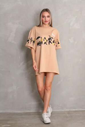 MOONFER Unisex Bisiklet Yaka Baskılı Oversize T-Shirt - Bej