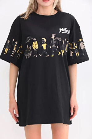 MOONFER Unisex Bisiklet Yaka Baskılı Oversize T-Shirt - Siyah