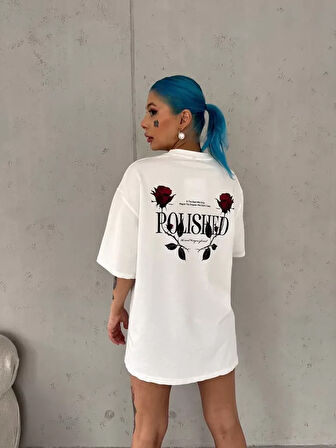 MOONFER Unisex Bisiklet Yaka Baskılı Oversize T-Shirt - Beyaz