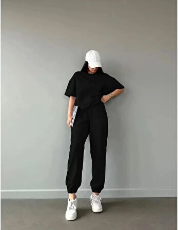 MOONFER Unisex Düz T-Shirt Ve Eşofman Takımı - Siyah