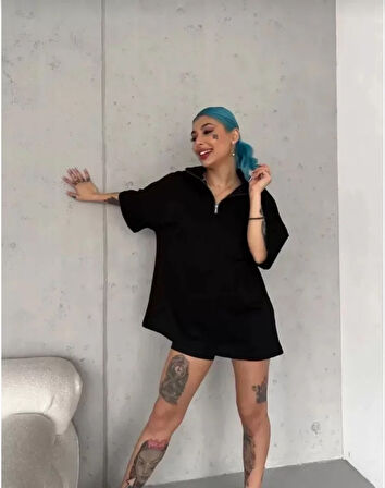 MOONFER Unisex Yarım Fermuarlı Düz Oversize T-Shirt - Siyah