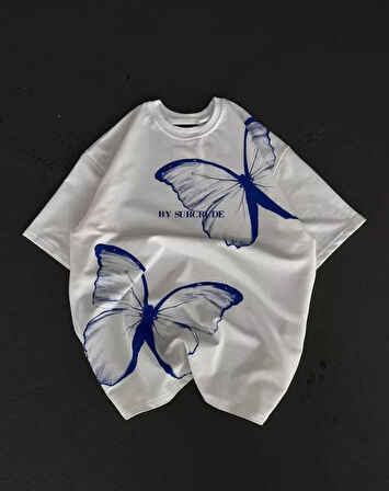 MOONFER Unisex Bisiklet Yaka Baskılı Oversize T-Shirt - Beyaz