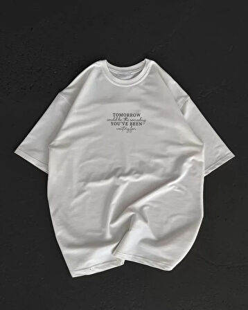 MOONFER Unisex Bisiklet Yaka Baskılı Oversize T-Shirt - Beyaz