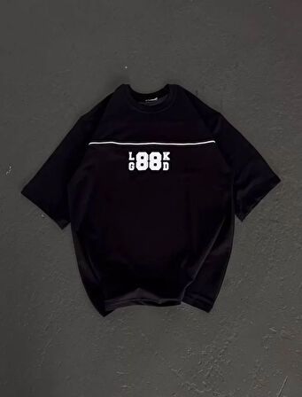 MOONFER Unisex Bisiklet Yaka Baskılı Oversize T-Shirt - Siyah