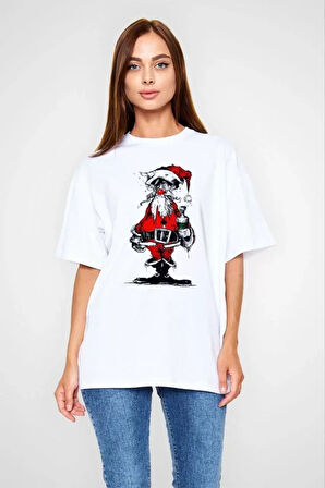 MOONFER Unisex Bisiklet Yaka Baskılı Oversize T-Shirt - Beyaz