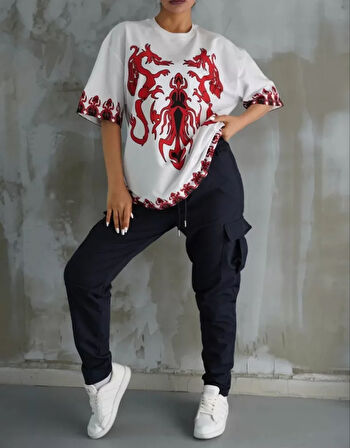 MOONFER Unisex Bisiklet Yaka Baskılı Oversize T-Shirt - Beyaz