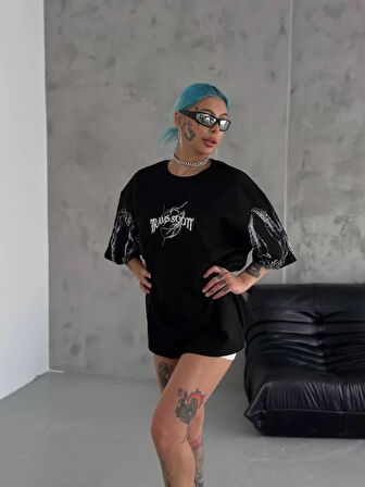 MOONFER Unisex Bisiklet Yaka Baskılı Oversize T-Shirt - Siyah