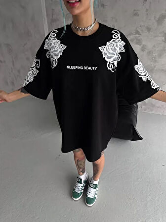 MOONFER Unisex Flok Kabartma Baskılı T-Shirt - Siyah