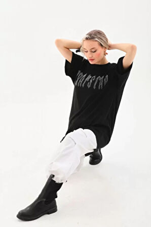 MOONFER Unisex Taş Desenli Oversize T-Shirt - Siyah