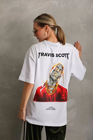 MOONFER Unisex Baskılı Oversize T-Shirt - Beyaz