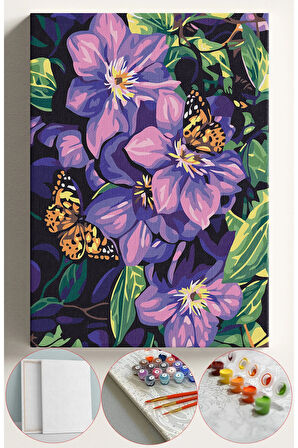 Sayılarla Boyama Seti Numaralı Tuval Fırça Boya 40x50 Cm - MOR ÇİÇEK KELEBEK