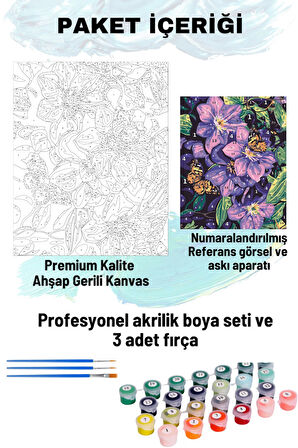 Sayılarla Boyama Seti Numaralı Tuval Fırça Boya 40x50 Cm - MOR ÇİÇEK KELEBEK