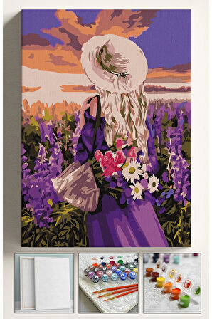 Sayılarla Boyama Seti Numaralı Tuval Fırça Boya 40x50 Cm Mor Çiçekler İçinde Kadın