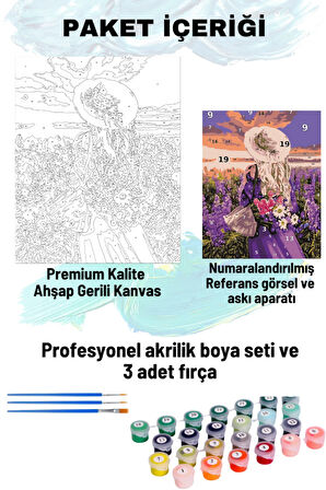 Sayılarla Boyama Seti Numaralı Tuval Fırça Boya 40x50 Cm Mor Çiçekler İçinde Kadın